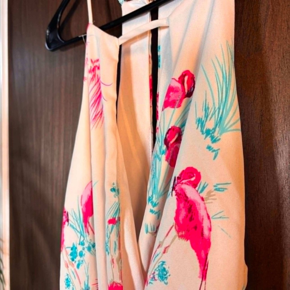 Everly Flamingo Print Halter Romper Cream Pink Tropical Size Small - Picture 2 of 8